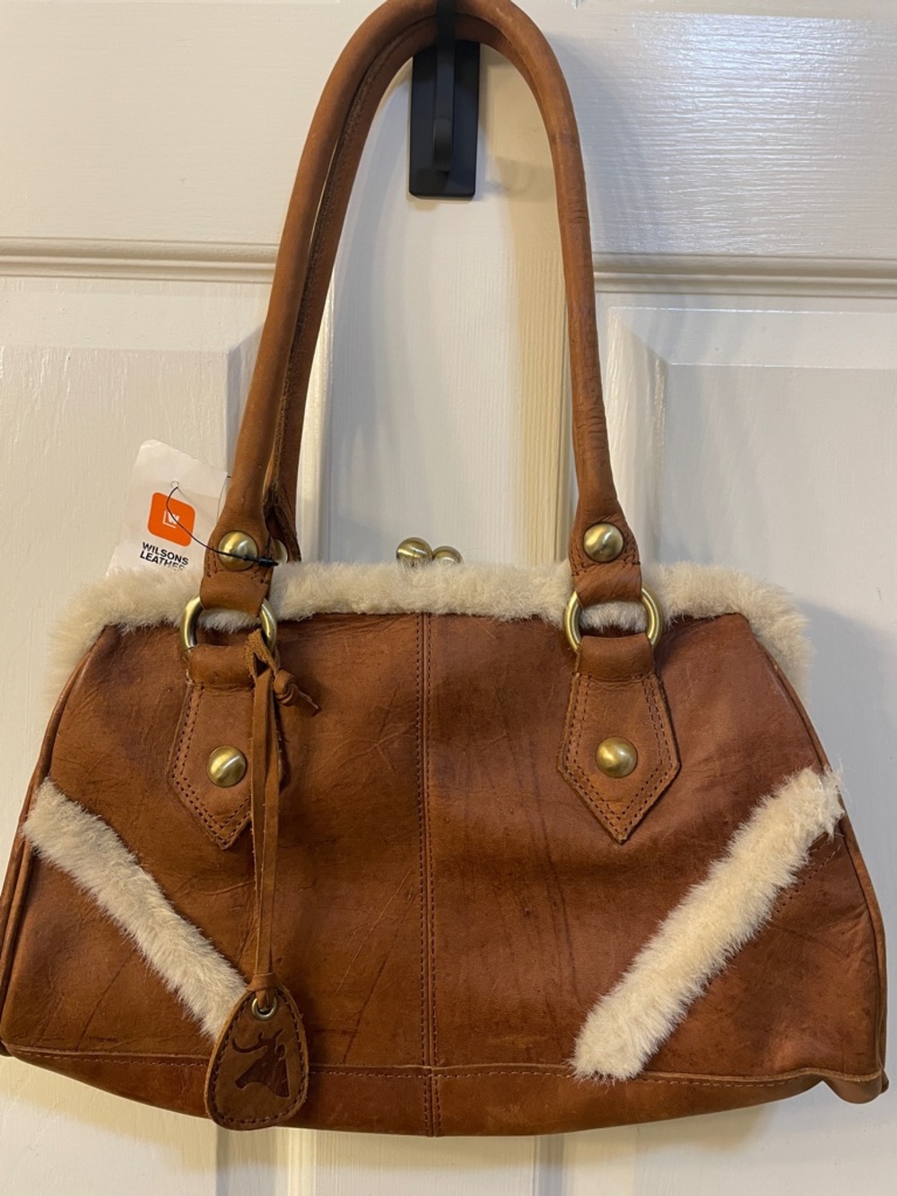 Vintage Wilsons Leather Penelope Tan Shoulder Bag with Faux Fur Trim NWT